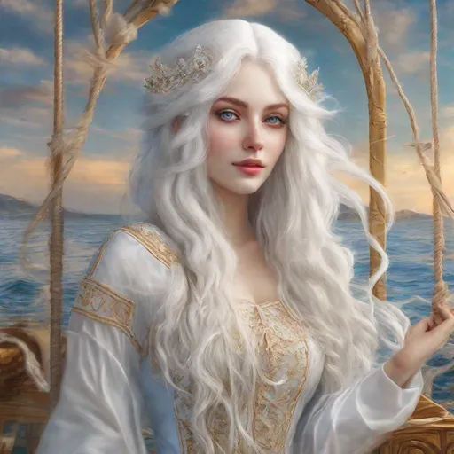 Prompt: beautiful 20 year old women with white hair, white eyebrows, light skin, realistic, ultrarealistic, high quality art, bright eyes, long hair, beauty, real, long hair, symmetrical, anime wide eyes, fair, delicate, standing on the sea, medivial, royal