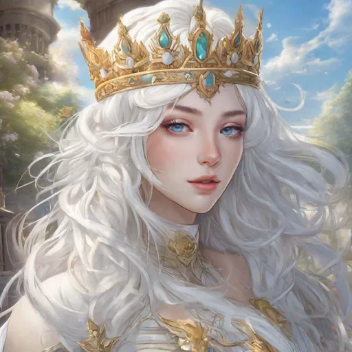 Prompt: beautiful 20 year old women with white hair, white eyebrowns, light skin, small crown on her head, royal, realistic, ultrarealistic, high quality art, bright eyes, medivial, goddess, long hair, royalty, beauty, real, fair, delicate, long hair, symmetrical, anime wide eyes