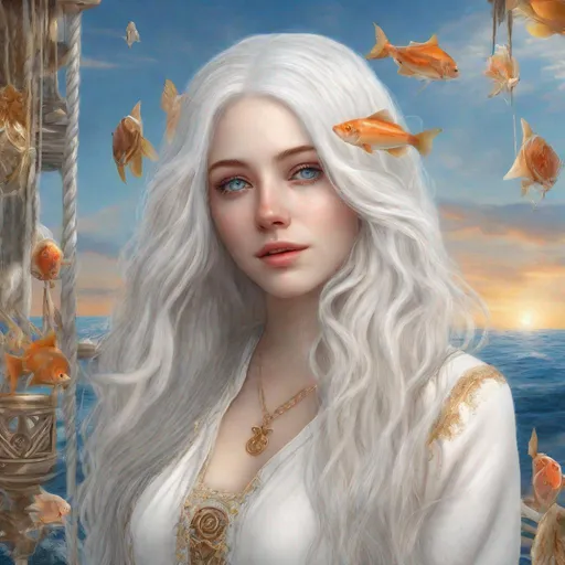 Prompt: beautiful 20 year old women with white hair, white eyebrows, light skin, realistic, ultrarealistic, high quality art, bright eyes, long hair, beauty, real, long hair, symmetrical, anime wide eyes, fair, delicate, on the sea, medivial