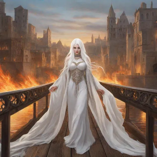 Prompt: beautiful 20 year old women with white hair, white eyebrows, light skin, realistic, ultrarealistic, high quality art, bright eyes, long hair, beauty, real, long hair, symmetrical, anime wide eyes, fair, delicate, medieval, standing on a bridge, behind her a burning city