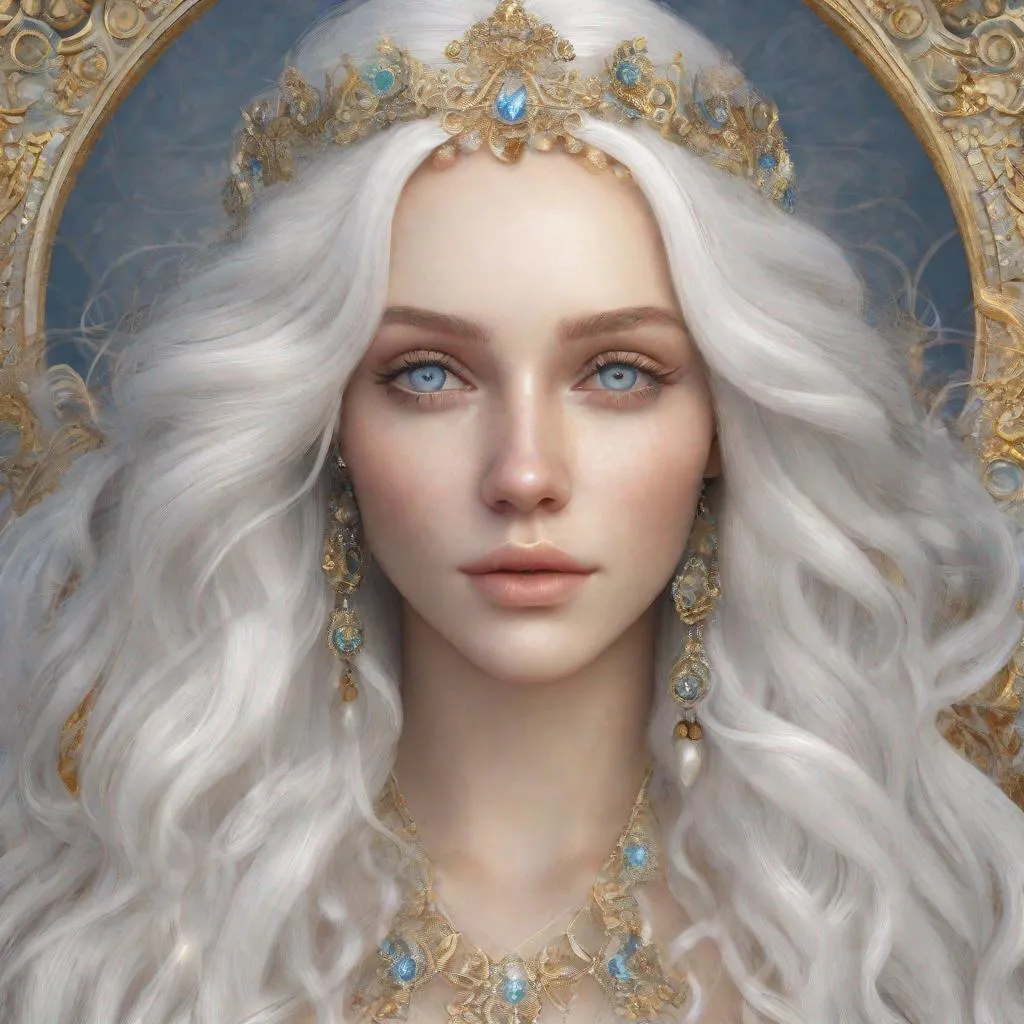 Prompt: beautiful 20 year old women with white hair, white eyebrowns, light skin, royal, realistic, ultrarealistic, high quality art, bright eyes, medivial, goddess, long hair, royalty, beauty, real, fair, delicate, long hair, symmetrical, anime wide eyes