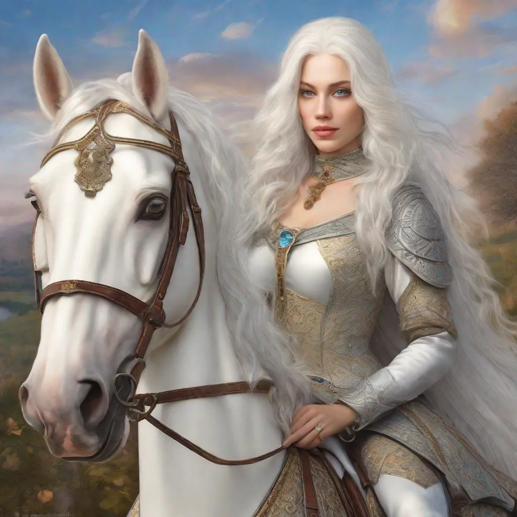 Prompt: beautiful 20 year old women with white hair, white eyebrows, light skin, realistic, ultrarealistic, high quality art, bright eyes, long hair, beauty, real, long hair, symmetrical, anime wide eyes, fair, delicate, medieval, royal, on a horse