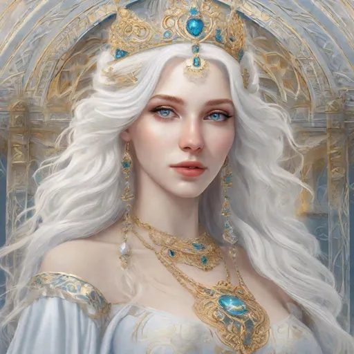 Prompt: beautiful 20 year old women with white hair, white eyebrowns, light skin, royal, realistic, ultrarealistic, high quality art, bright eyes, medivial, goddess, long hair, royalty, beauty, real, fair, delicate, long hair, symmetrical, anime wide eyes