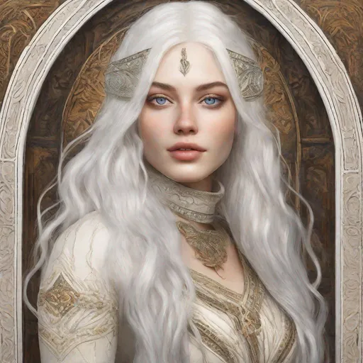Prompt: beautiful 20 year old women with white hair, white eyebrows, light skin, realistic, ultrarealistic, high quality art, bright eyes, long hair, beauty, real, long hair, symmetrical, anime wide eyes, fair, delicate, medieval, wearing a fur