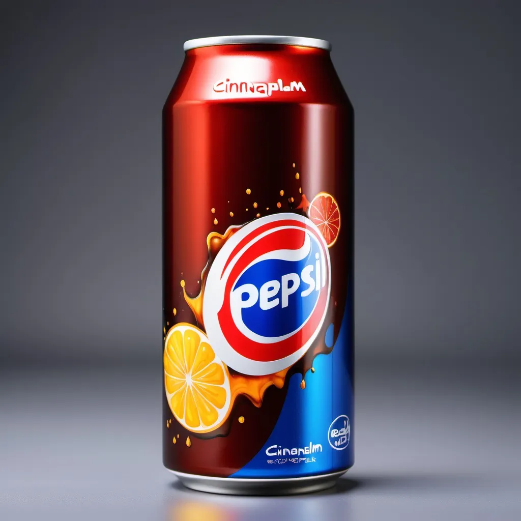 Prompt: A 330ml soft drink based on Pepsi colors called Cinnapalm Cola