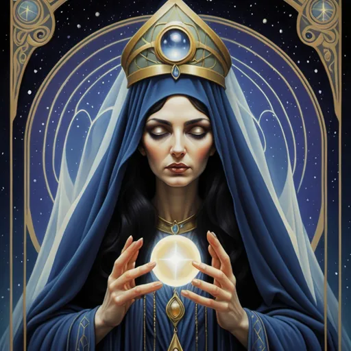 Prompt: The High Priestess tarot card, a figure of mystery and intuition, before a veil.