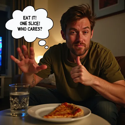 Prompt: A man, seated comfortably on a sofa, conveys a mix of reluctance and distaste as he gestures with his left hand, palm outward, signaling refusal. His expression, characterized by a scrunched nose and closed eyes, suggests he’s overwhelmed by the proposition of eating a single slice of pizza resting on a white plate in front of him. Clad in a casual olive-green shirt, he clutches a glass of water in his right hand, further emphasizing his hesitation. The scene is set in a cozy indoor environment illuminated by soft ambient light, with a faintly visible television screen in the background, lending a sense of casual evening lounging. The thought bubble above him exclaims, "EAT IT! ONE SLICE! WHO CARES?" capturing the tension between temptation and resistance, and creating a humorous narrative around a common dilemma of indulgence versus self-control.