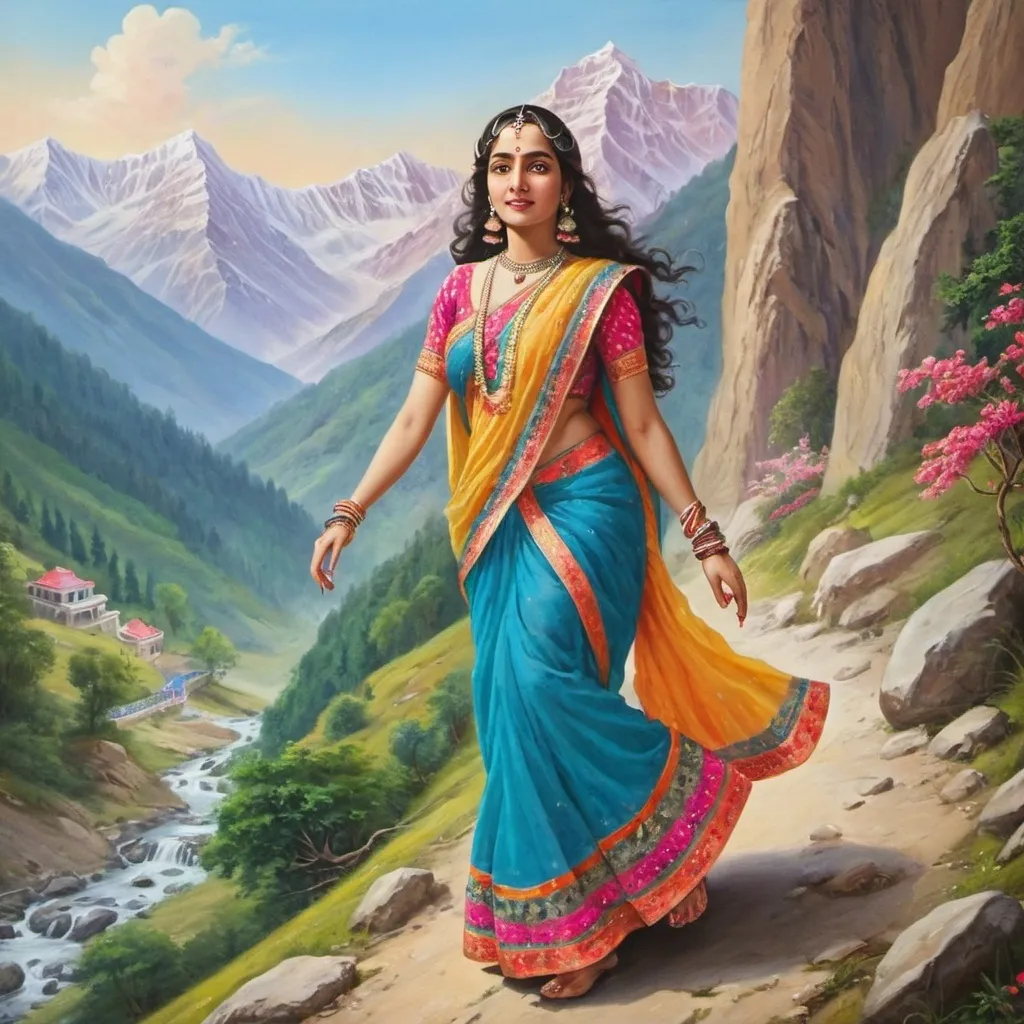 Prompt: Radha rani moving in beautifu mountains