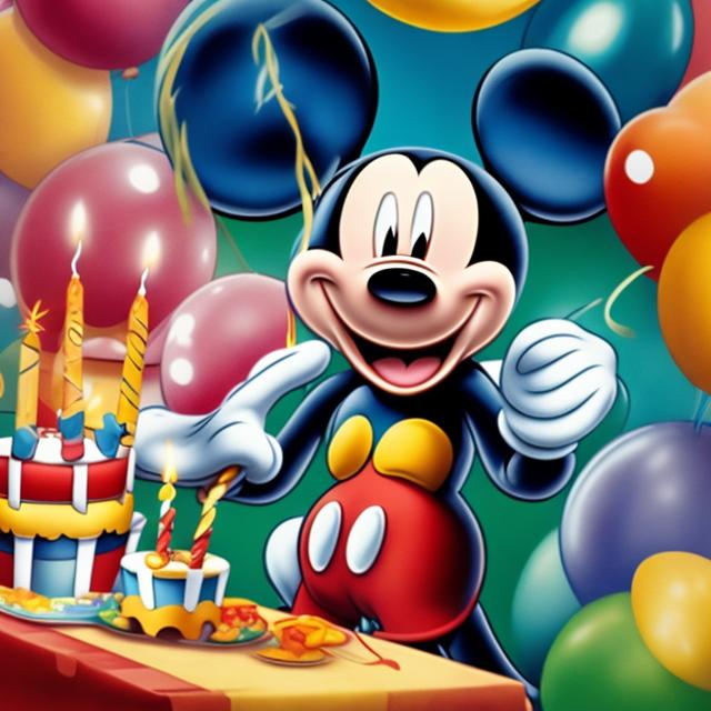 Prompt: Mickey mouse in a birthday party