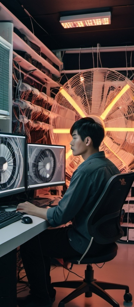 Prompt: a man sitting in front of a computer monitor in a store with a lot of wires on the wall, Fan Kuan, aestheticism, vfx, a picture