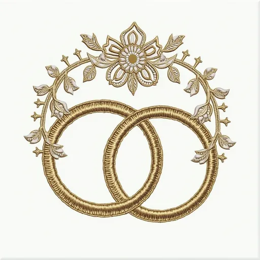 Prompt: An elegant embroidery design featuring two interlocking wedding rings, symbolizing unity and eternal love.
