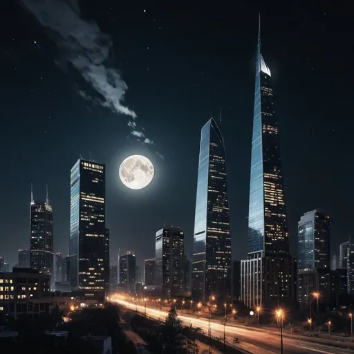 Prompt: The skyscrapers of the busy city in the arms of the comets and the shining moon