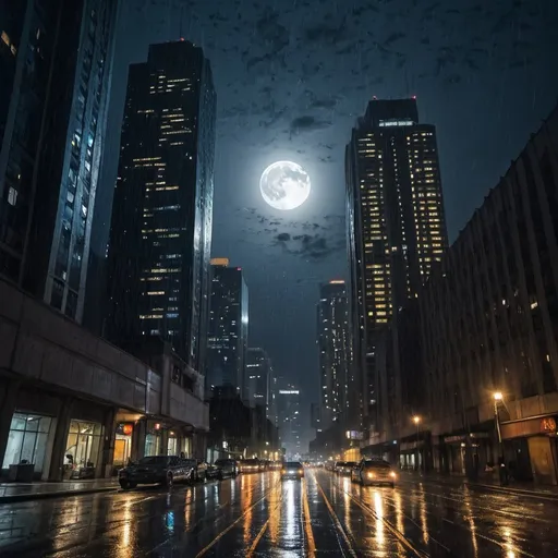 Prompt: Skyscrapers of the city in the arms of the night rain stars and the shining moon