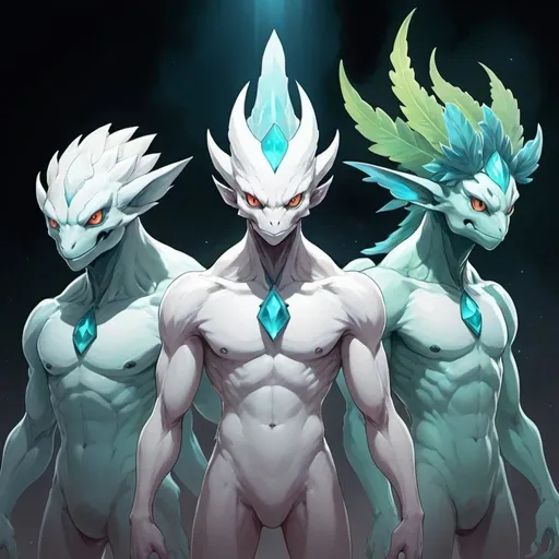 Prompt: Concept art creature, creature, fantasy. Background in white, personajes. High three faces completed character, Pokemon, in celeste light of envy looks like