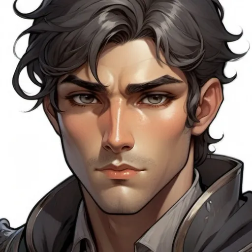 Prompt: Draw me a muscular man with a light brown complexion with a few minor scratches on his face and handsome, cold facial features that reflect his being a nobleman and a knight, sharp eyes of a pale gray color, wide eyebrows, and soft, black hair arranged like a bad boy, wearing casual clothes over which he wears a cloak to protect his identity.