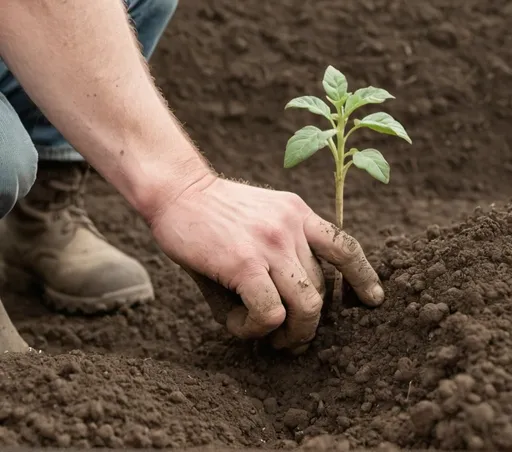 Prompt: A white male hand working in soil connecting to an arm going out of frame
