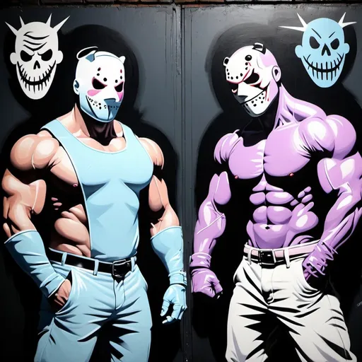 Prompt: Charachters Pastel purple white and pastel blue pastel blue graffiti charachters on a black wall backround freddy crugar and jason muscular gangsters pastel colored 