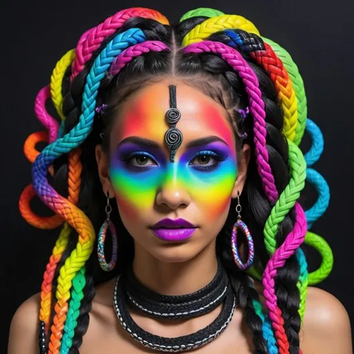 Prompt: Color black neon rainbow and multi neon medusa microbraided snake hair Graffiti art face microbraided snake long medusa hair charachter revealing cleavage graffiti art face make up print sedusa adornment