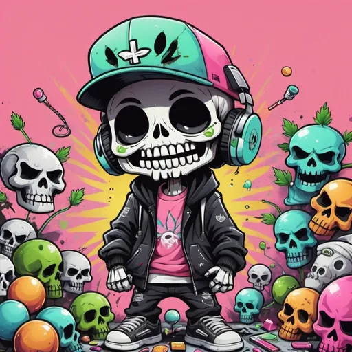 Prompt: Cartoon Graffitti character cyber punk gangster happy weed candy skull hip hop dj charachter spray bomb pastel