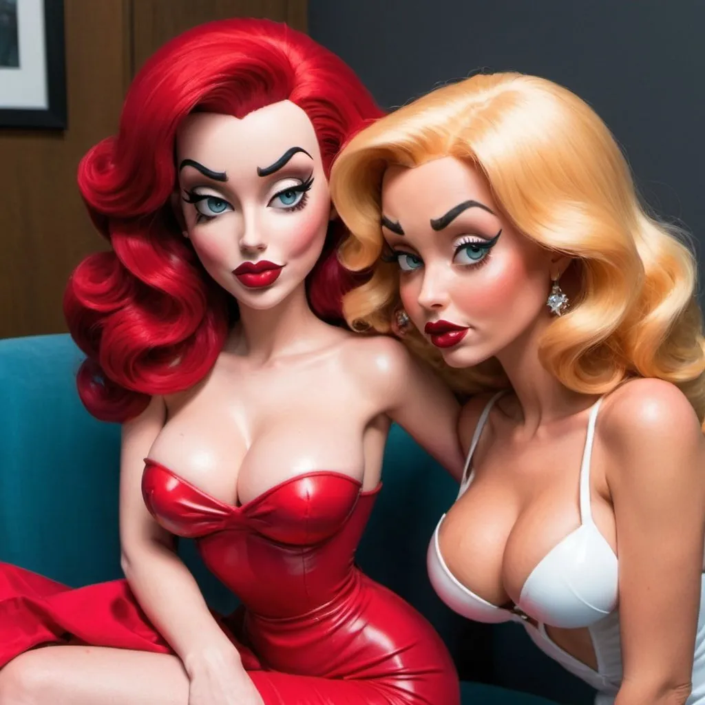 Prompt: Full lips round face Jessica rabbit and silicon lip injection exootic betty boop both sitting one on each of Elon musks lap