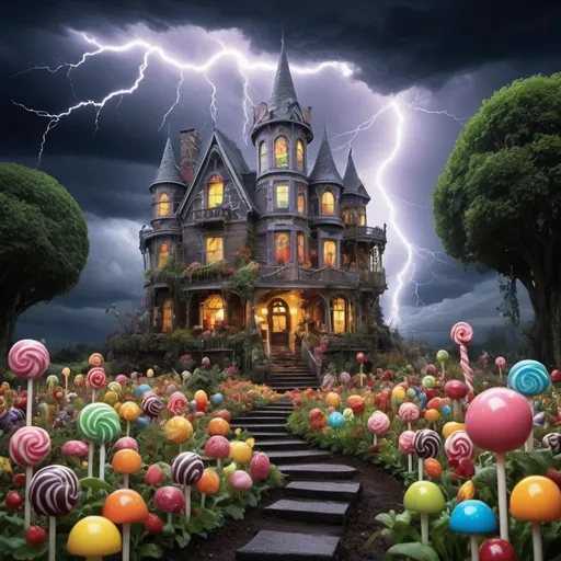 Prompt: A majical gothic crytalique finness of dreams and nightmares in a majestic candy land of love and hate storm for lightning jellybean garden