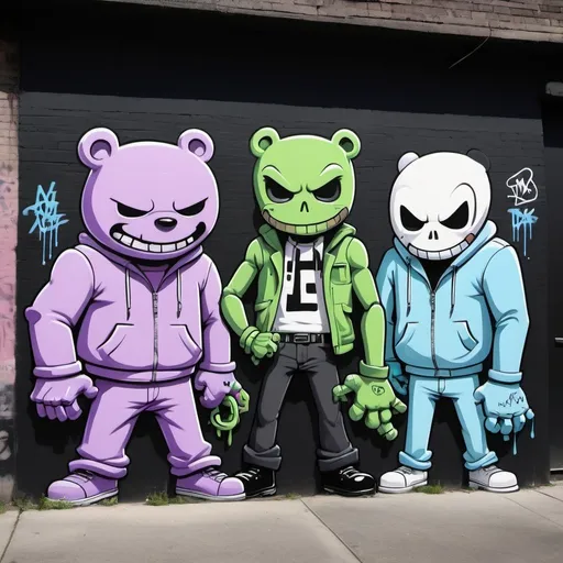 Prompt: Pastel purple white and pastel green pastel blue graffiti charachters on a black wall backround freddy crugar and jason muscular gangsters pastel colored 