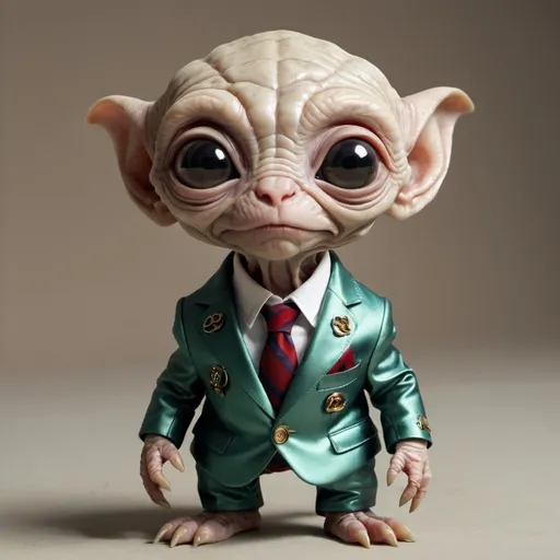 Prompt: A fr8endly funny looking ectraterestrial being wrinkly cute small alien pet i can own wearing a gucci suit 