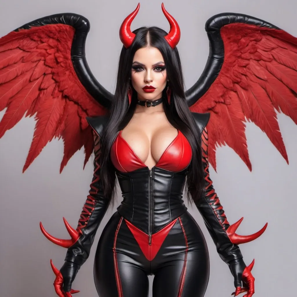 Prompt:  female long custom original hair do black and red leather outfit 2 piece revealing extra large cleavage full lips designer makeup devil wings 