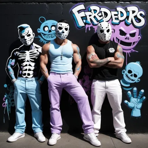 Prompt: Charachters Pastel purple white and pastel blue pastel blue graffiti charachters on a black wall backround freddy crugar and jason muscular gangsters pastel colored 