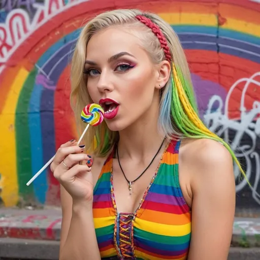 Prompt: A blonde female rainbow large cleavagr revealing microbraided hair matching outfit eating a lollipop and graffitti backround