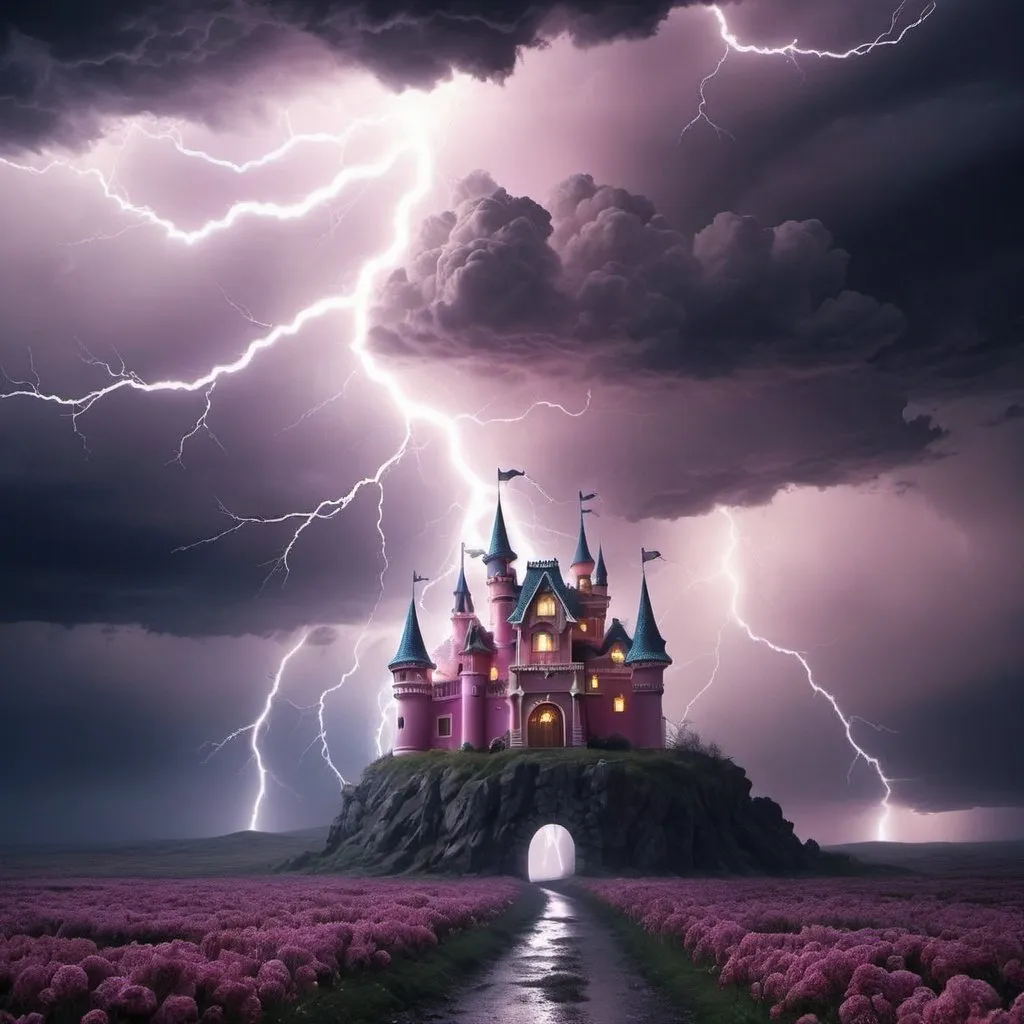 Prompt: A majical crytalique finness of dreams and nightmares in a majestic candy land of love and hate storm for lightning 