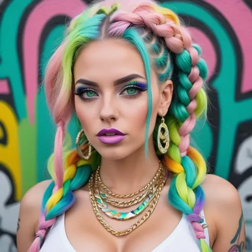 Prompt: Pastel graffiti gangster character green eyes revealing extra large cleavage with rainbow pastel microbraided hair and full lips designer bold unique loud makeup artists bold adornment creative stylish vercace outfit