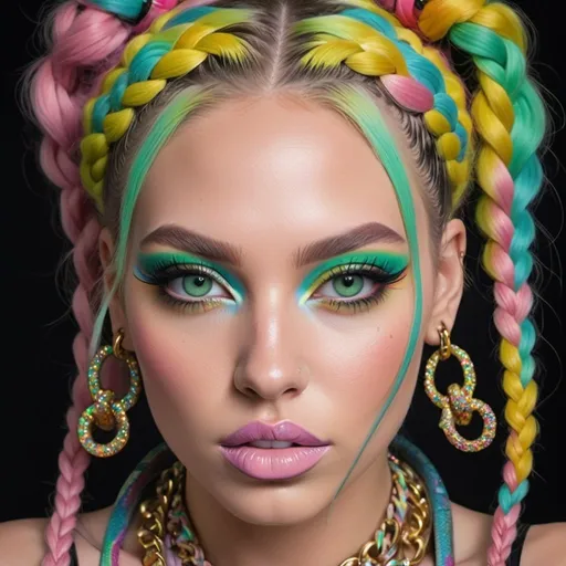 Prompt: Pastel graffiti gangster character green eyes revealing extra large cleavage with rainbow pastel microbraided hair and full lips designer bold unique loud makeup artists bold adornment creative stylish gucci