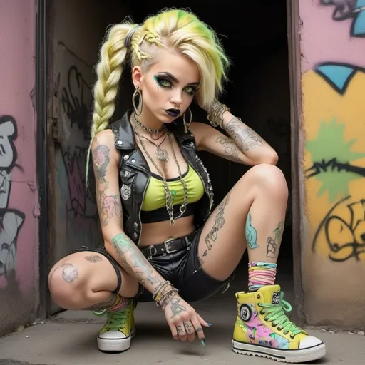 Prompt: Pastel A thug ghetto blonde cartoon characture multicolored pastel  microbraided hair female with green eyes revealing cleavage graffiti outfit and shoes gothic punk steam punk pastel yellow print
