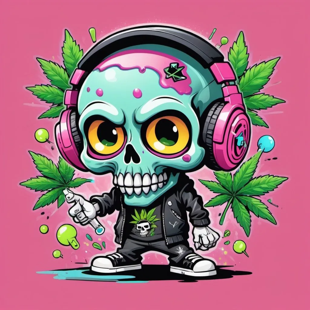 Prompt: Cartoon Graffitti character cyber punk gangster happy weed candy skull hip hop dj charachter spray bomb pastel