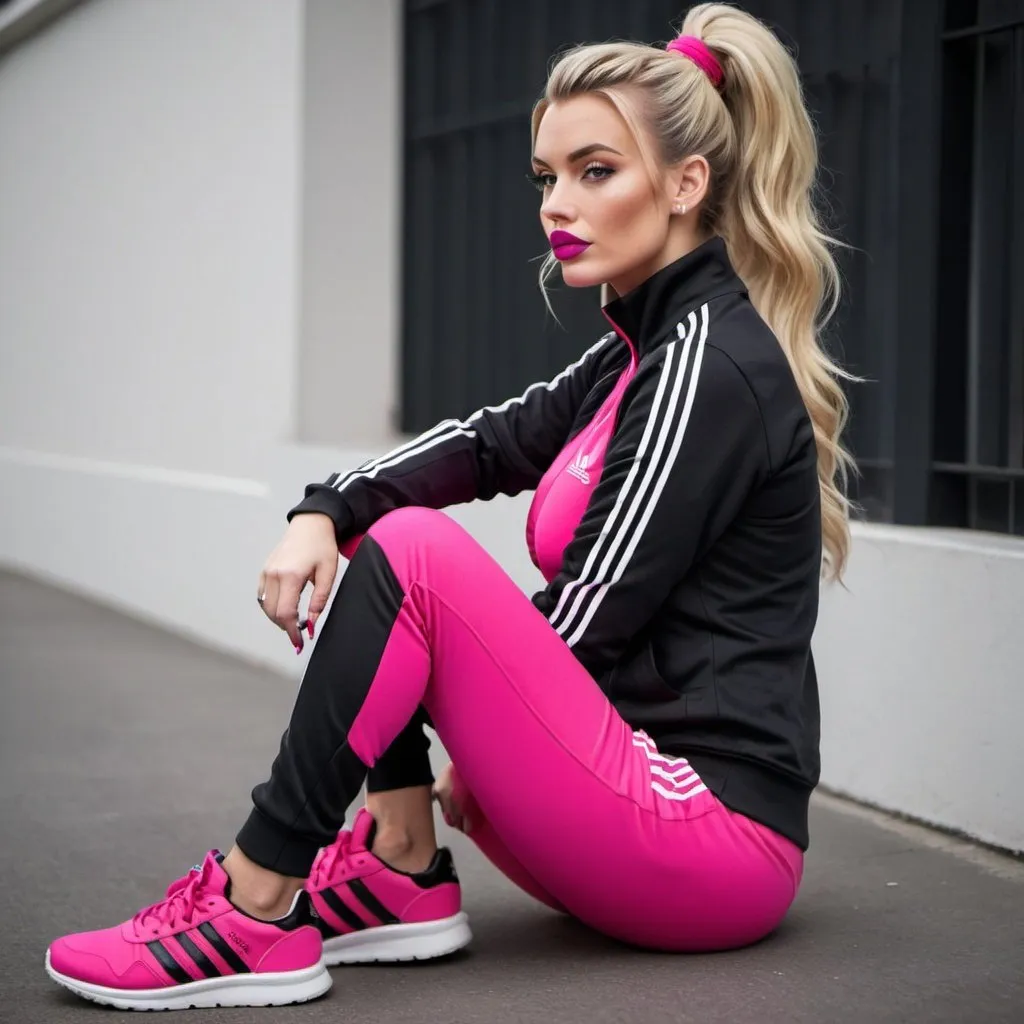 Prompt: Long blonde hair in a updo messy bun wearing adidas track suit black and hot pink matching shoes revealing extra large cleavage and full lips 