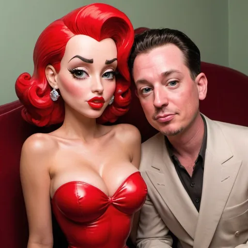 Prompt: Full lips round face Jessica rabbit and silicon lip injection exootic betty boop both sitting one on each of Elon musks laps