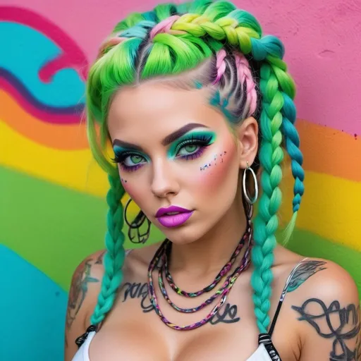 Prompt: Pastel graffiti gangster character green eyes revealing extra large cleavage with rainbow pastel microbraided hair and full lips designer bold unique loud makeup artists bold adornment creative stylish neon graffiti bomb makeup print