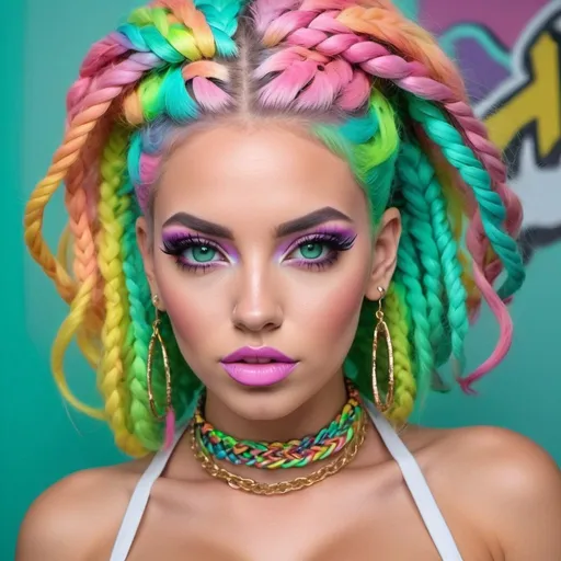 Prompt: Pastel graffiti gangster character green eyes revealing extra large cleavage with rainbow pastel microbraided hair and full lips designer bold unique loud makeup artists bold adornment creative stylish neon boxy charm makeup