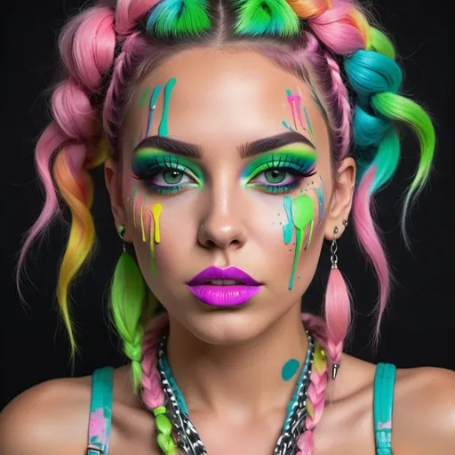 Prompt: Pastel graffiti gangster character green eyes revealing extra large cleavage with rainbow pastel microbraided hair and full lips designer bold unique loud makeup artists bold adornment creative stylish neon graffiti splatter makeup 
