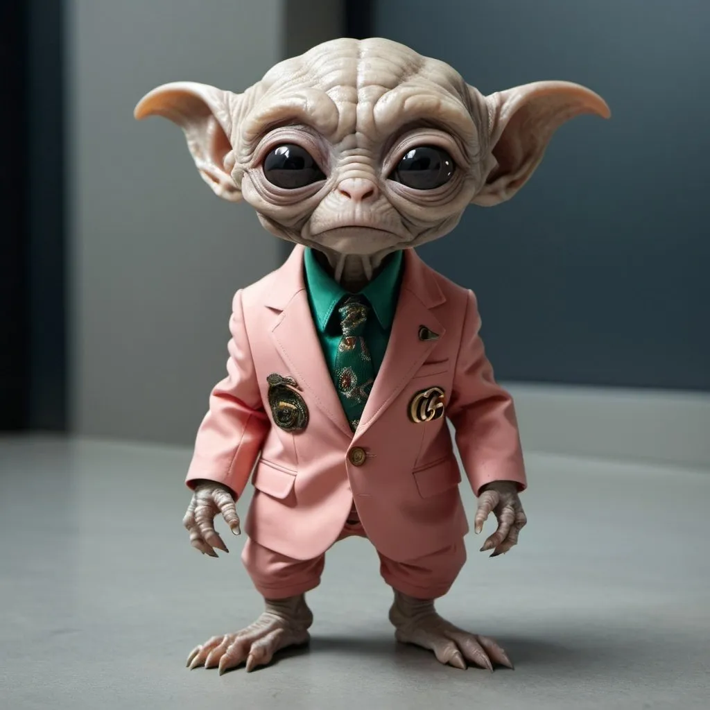 Prompt: A fr8endly funny looking ectraterestrial being wrinkly cute small alien pet i can own wearing a gucci suit 
