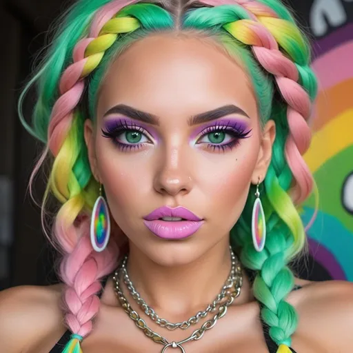 Prompt: Pastel graffiti gangster character green eyes revealing extra large cleavage with rainbow pastel microbraided hair and full lips designer unique loud makeup bold adorn
