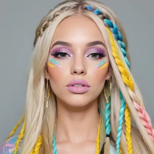 Prompt: Graffiti makeup blonde pastel multicolored microbraided long hair full lips 