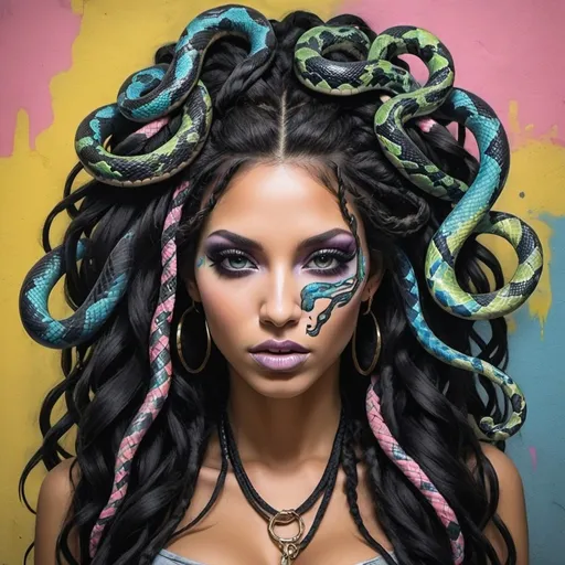 Prompt: Art portrait Color black and multi pastel  print page Graffiti art face microbraided snake long medusa hair charachter revealing cleavage graffiti art face make up Clothing print sedusa adornment