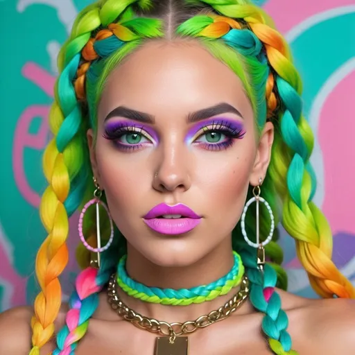 Prompt: Pastel graffiti gangster character green eyes revealing extra large cleavage with rainbow pastel microbraided hair and full lips designer bold unique loud makeup artists bold adornment creative stylish neon  boxy charm makeup