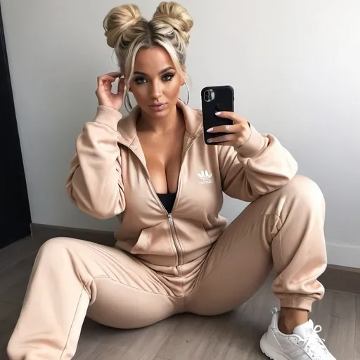 Prompt: blonde updo messy revealing extra large cleavage wearing adodas track suit and matching shoes 