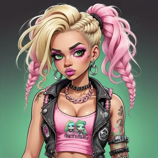Prompt: Pastel A thug ghetto blonde cartoon characture multicolored pastel  microbraided hair female with green eyes revealing cleavage graffiti outfit and shoes pink lipstick punk steam punk pastel pink
