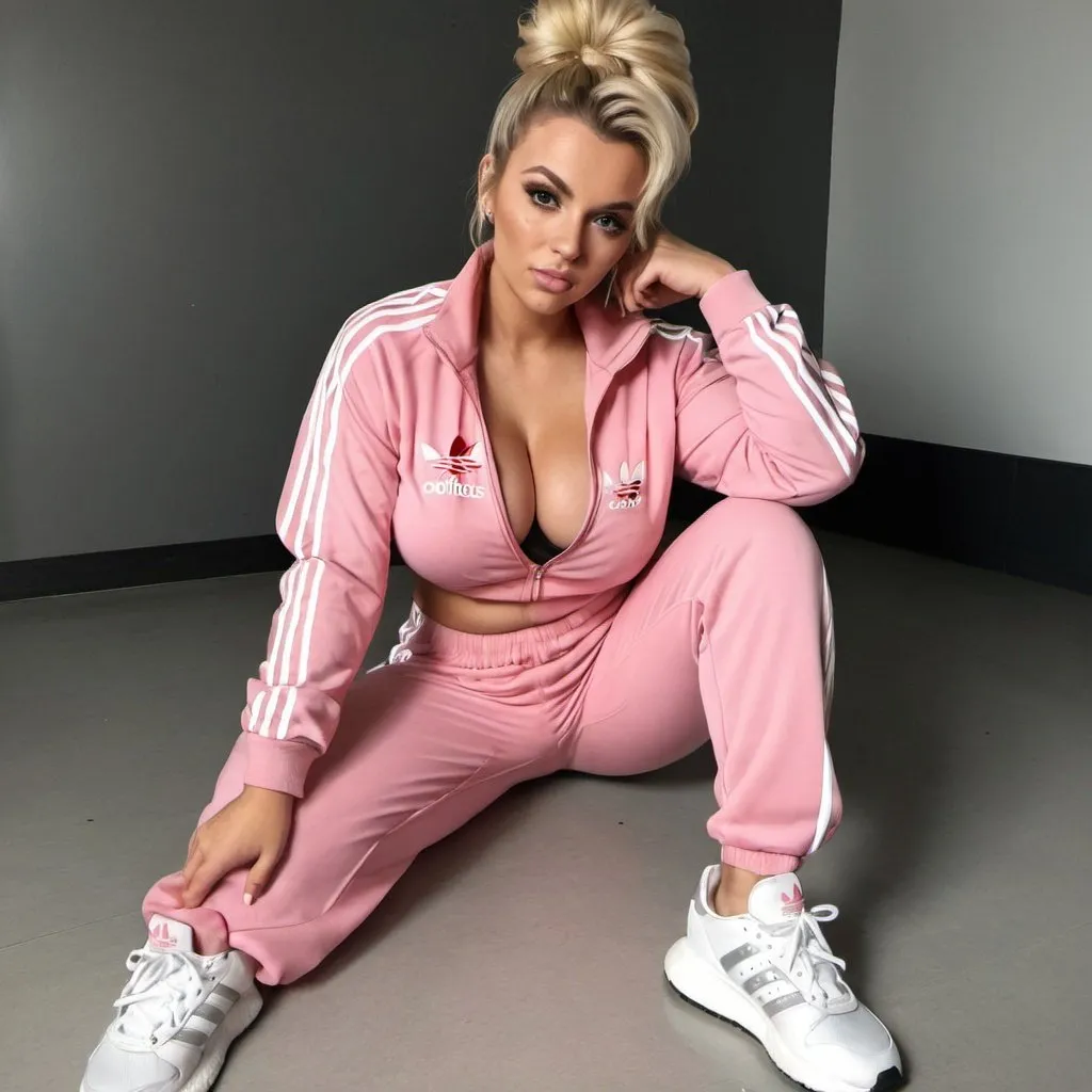 Prompt: blonde updo messy revealing extra large cleavage wearing adidas track suit and matching shoes pink and white