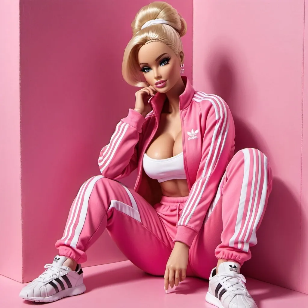 Prompt: blonde updo messy revealing extra large cleavage wearing adidas track suit and matching shoes barbie pink and white