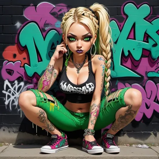 Prompt: cartoon charachture graffitti art blonde multicolored microbraided hair female with green eyes revealing extra large cleavage and tight multicolored graffiti outfit and shoes gothic punk emo exotic pose 
